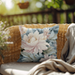 Ethereal Peony Outdoor Pillow | Blush Pink & Dusty Blue Floral Cushion | Modern Botanical Garden Decor | Elegant Patio Throw Pillow | Romantic Spring Summer Accent