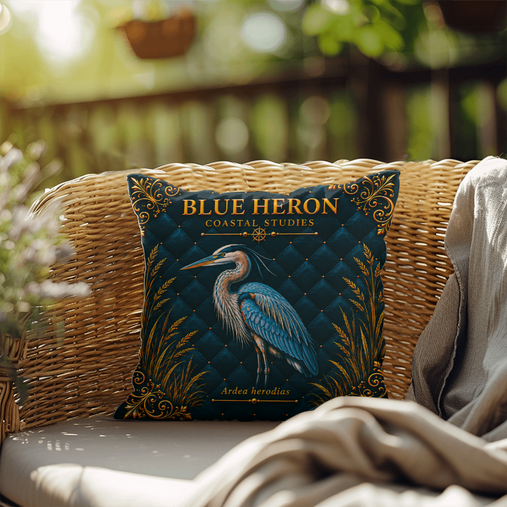 Blue Heron Outdoor Pillow | Coastal Patio Decor | Lace & Grit
