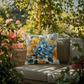 Blue Hydrangea Yellow Floral Outdoor Pillow | Coastal Garden Cushion | Light Blue Golden Flower Design | Summer Patio Decor | Waterproof Throw Pillow | Beach House Accent