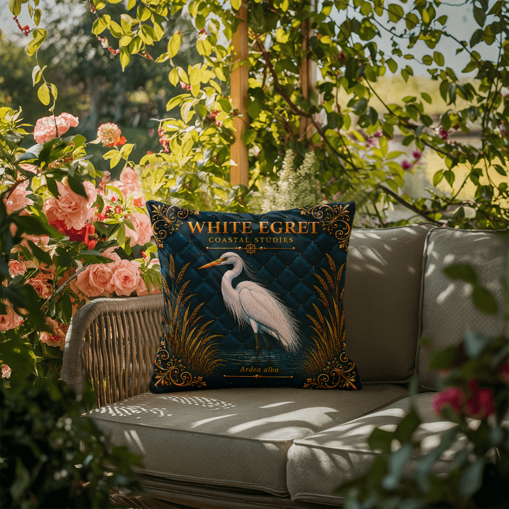 White Egret Outdoor Pillow | Coastal Patio Decor | Lace & Grit