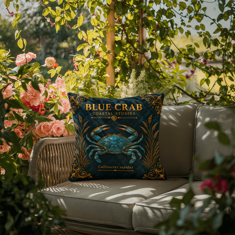 Blue Crab Outdoor Pillow | Coastal Patio Decor | Lace & Grit