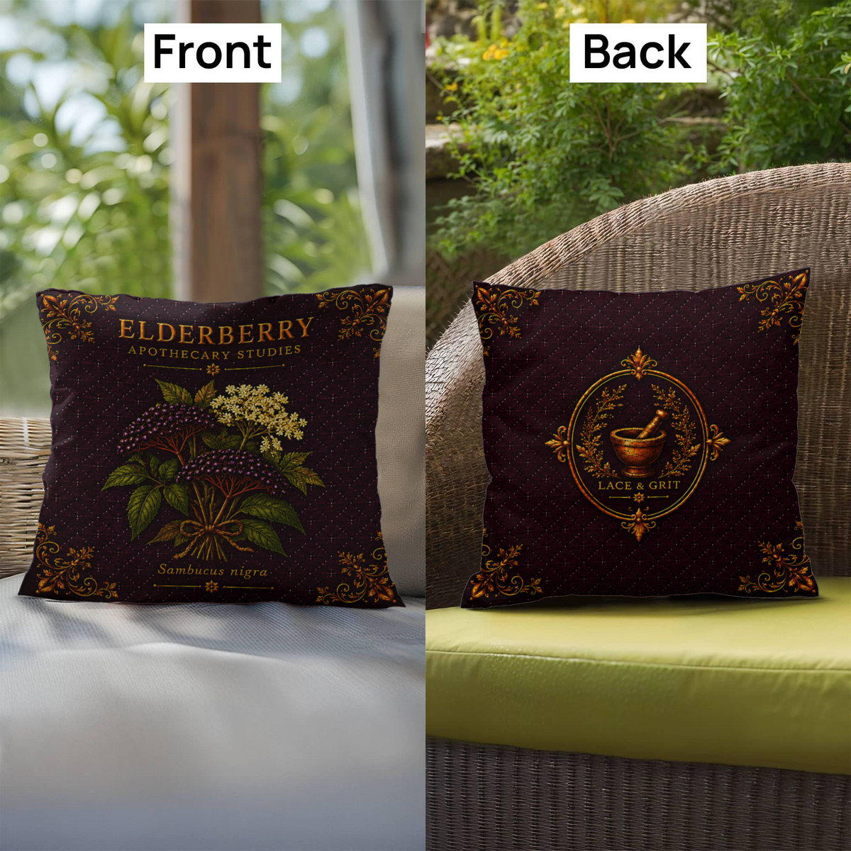 Elderberry Outdoor Pillow | Apothecary Patio Decor | Lace & Grit