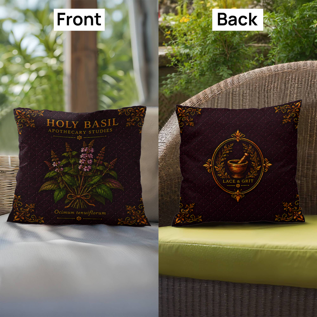 Holy Basil Outdoor Pillow | Apothecary Patio Decor | Lace & Grit