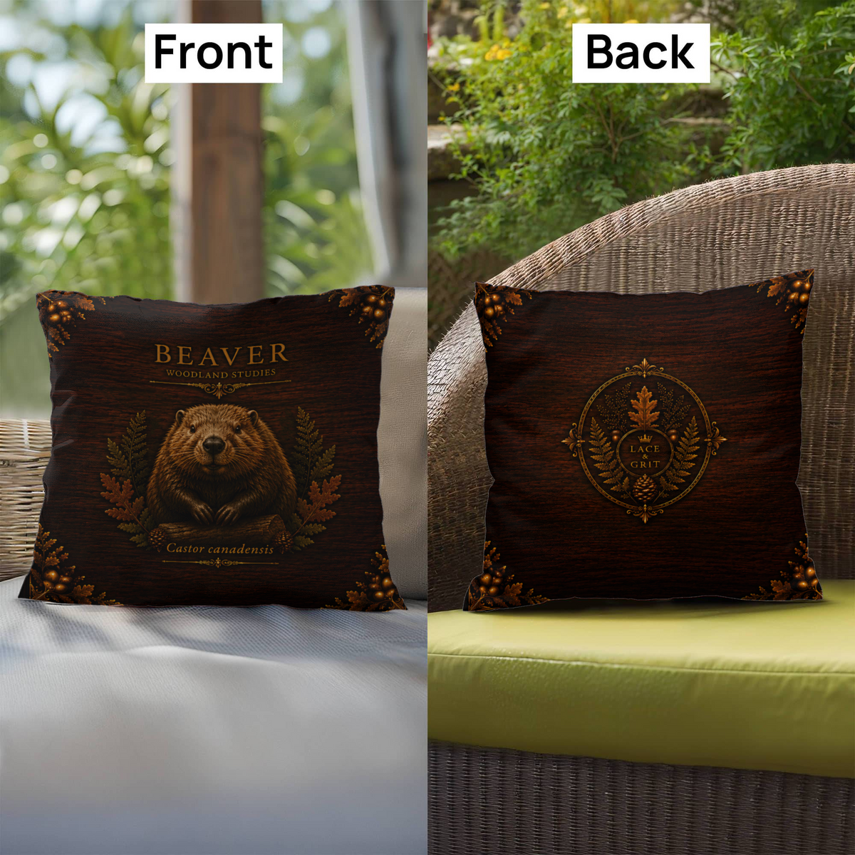 Beaver Outdoor Pillow – Woodland Patio Decor | Lace & Grit