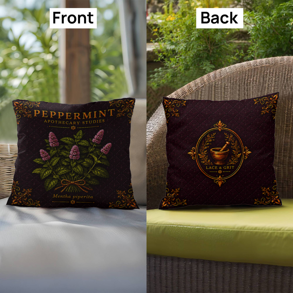 Peppermint Outdoor Pillow | Apothecary Patio Decor | Lace & Grit