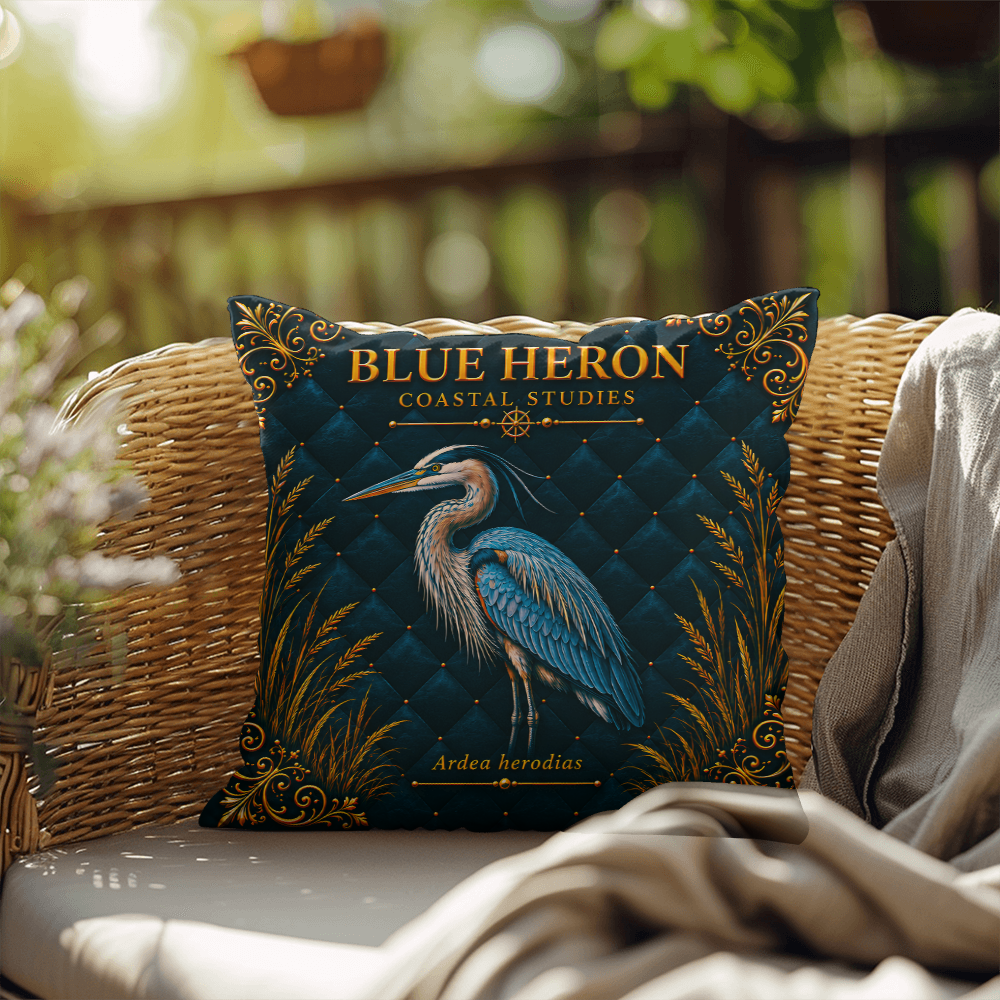 Blue Heron Outdoor Pillow | Coastal Patio Decor | Lace & Grit