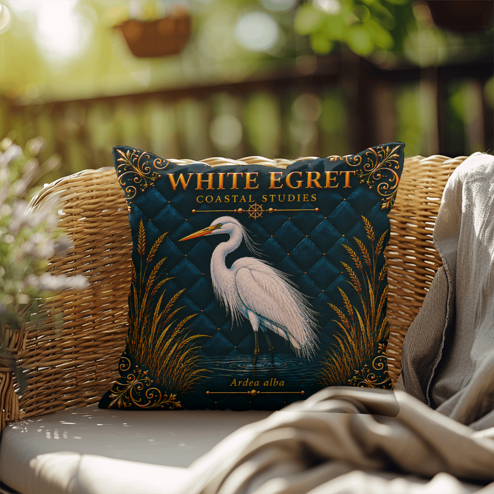 White Egret Outdoor Pillow | Coastal Patio Decor | Lace & Grit