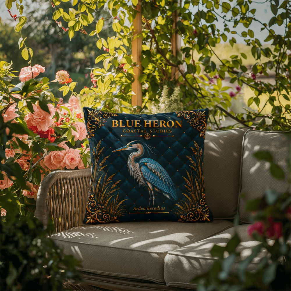 Blue Heron Outdoor Pillow | Coastal Patio Decor | Lace & Grit