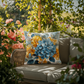 Blue Hydrangea Yellow Floral Outdoor Pillow | Coastal Garden Cushion | Light Blue Golden Flower Design | Summer Patio Decor | Waterproof Throw Pillow | Beach House Accent