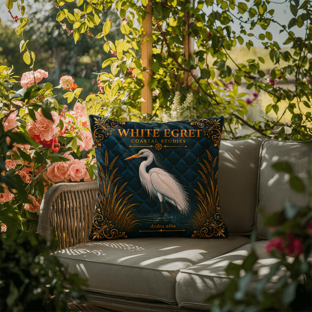 White Egret Outdoor Pillow | Coastal Patio Decor | Lace & Grit