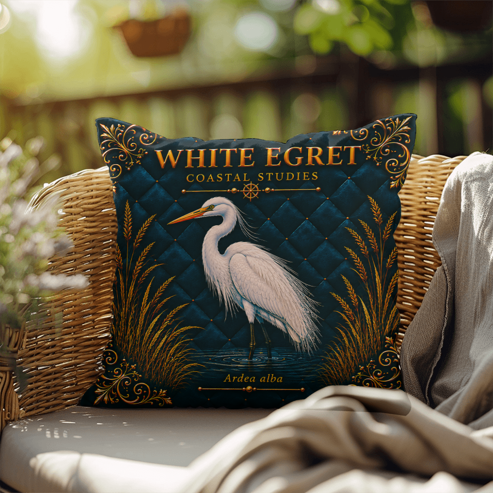 White Egret Outdoor Pillow | Coastal Patio Decor | Lace & Grit