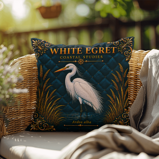 White Egret Outdoor Pillow | Coastal Patio Decor | Lace & Grit