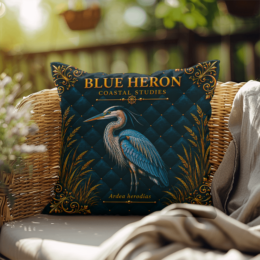 Blue Heron Outdoor Pillow | Coastal Patio Decor | Lace & Grit