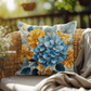 Blue Hydrangea Yellow Floral Outdoor Pillow | Coastal Garden Cushion | Light Blue Golden Flower Design | Summer Patio Decor | Waterproof Throw Pillow | Beach House Accent