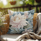 Ethereal Peony Outdoor Pillow | Blush Pink & Dusty Blue Floral Cushion | Modern Botanical Garden Decor | Elegant Patio Throw Pillow | Romantic Spring Summer Accent