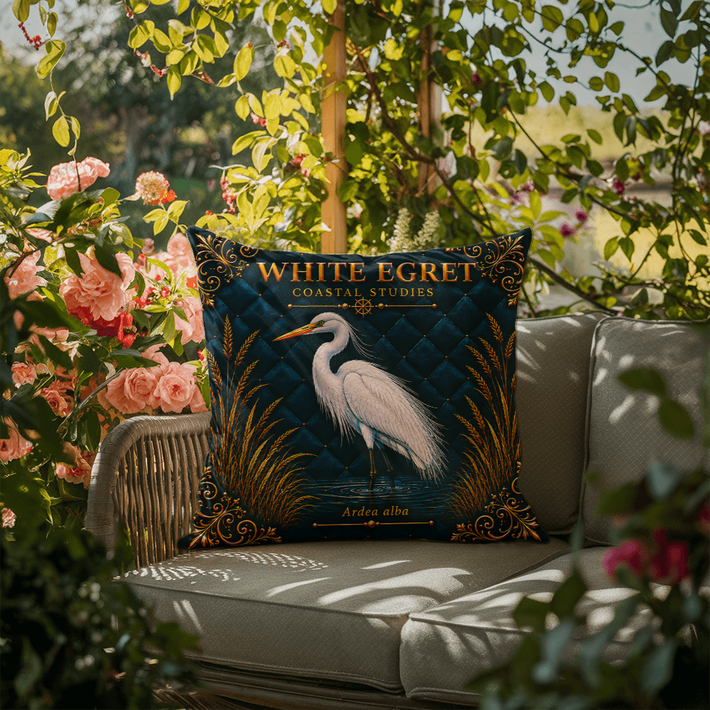 White Egret Outdoor Pillow | Coastal Patio Decor | Lace & Grit