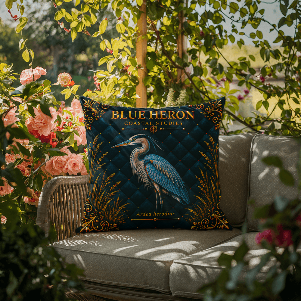 Blue Heron Outdoor Pillow | Coastal Patio Decor | Lace & Grit