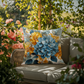 Blue Hydrangea Yellow Floral Outdoor Pillow | Coastal Garden Cushion | Light Blue Golden Flower Design | Summer Patio Decor | Waterproof Throw Pillow | Beach House Accent