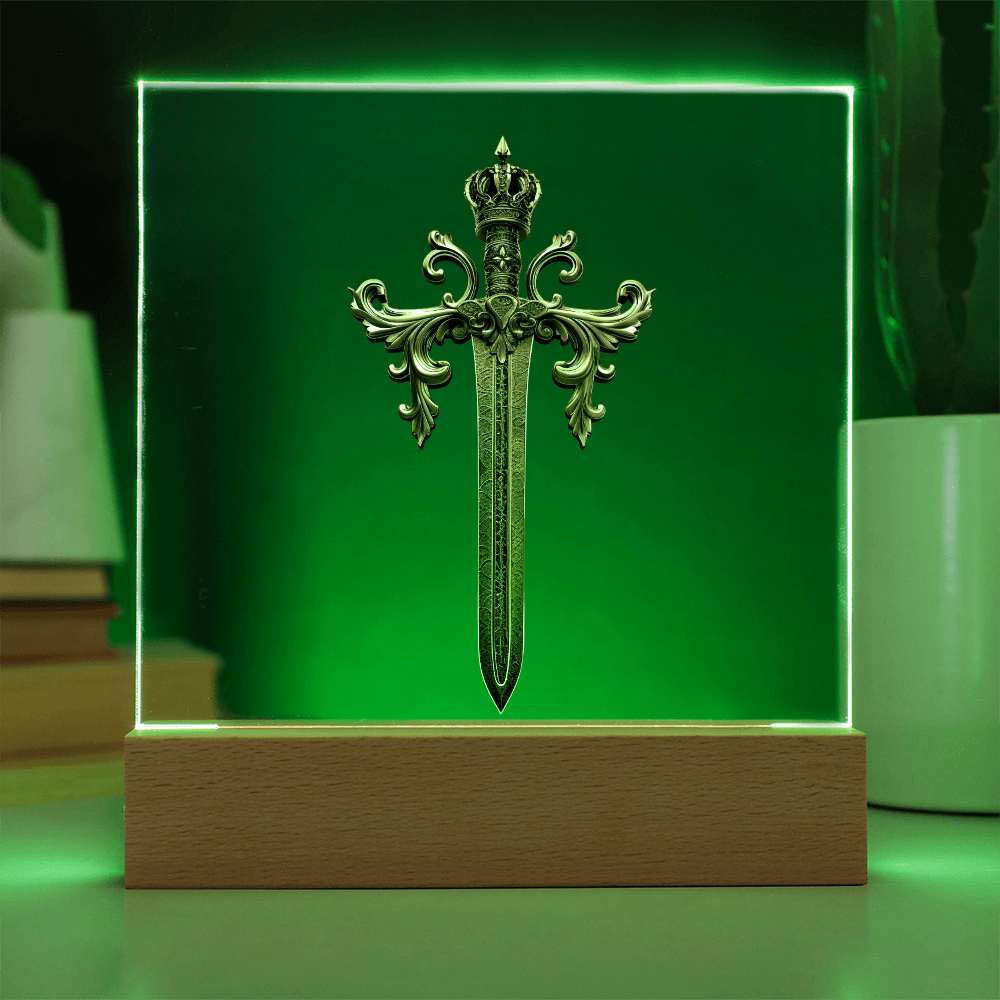 Armory Embossed Look Crowned Sword Plaque – Medieval Fantasy Light Panel