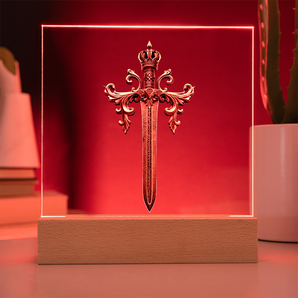 Armory Embossed Look Crowned Sword Plaque – Medieval Fantasy Light Panel