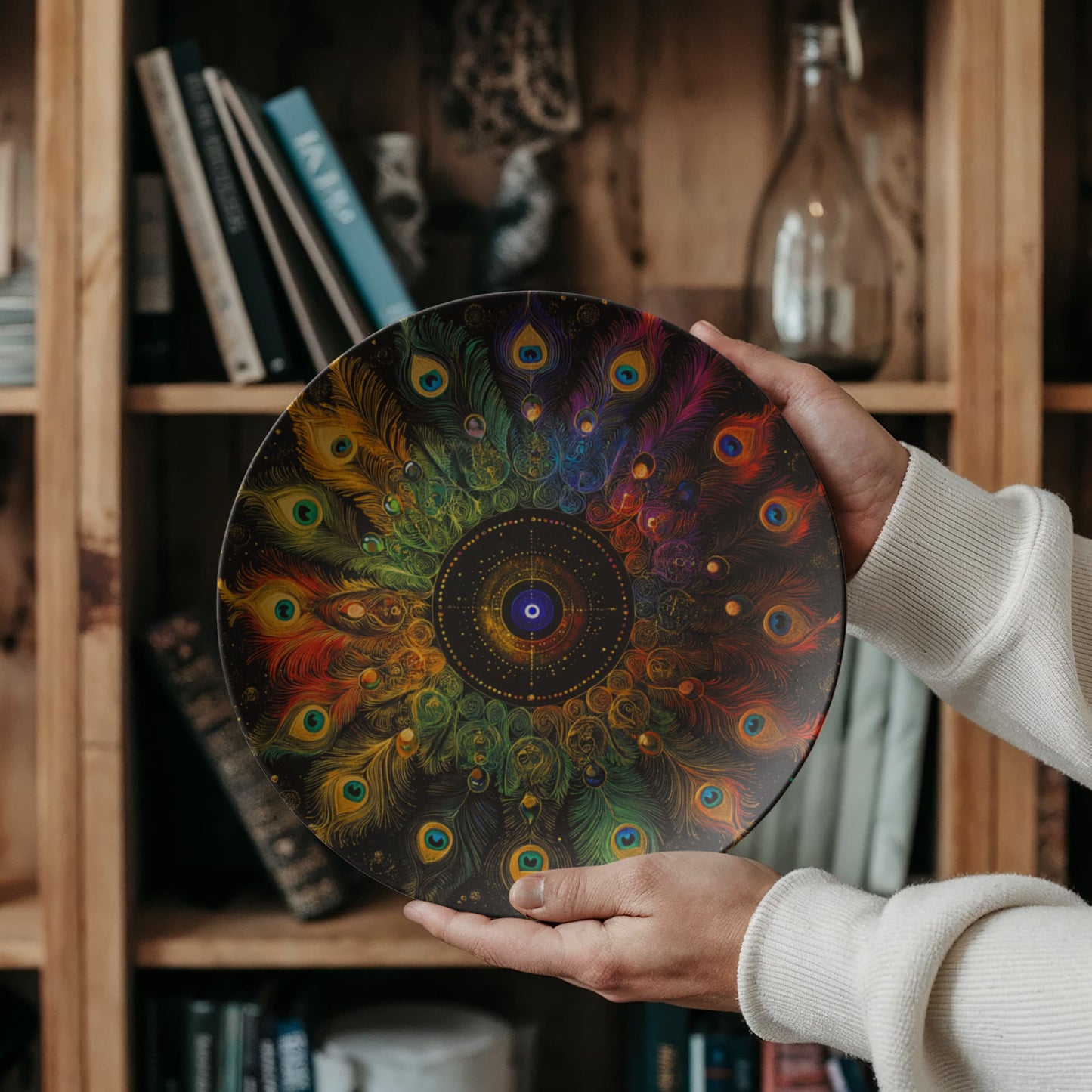 Radiant Vision – Peacock Feather Mandala Rainbow Decorative Plate