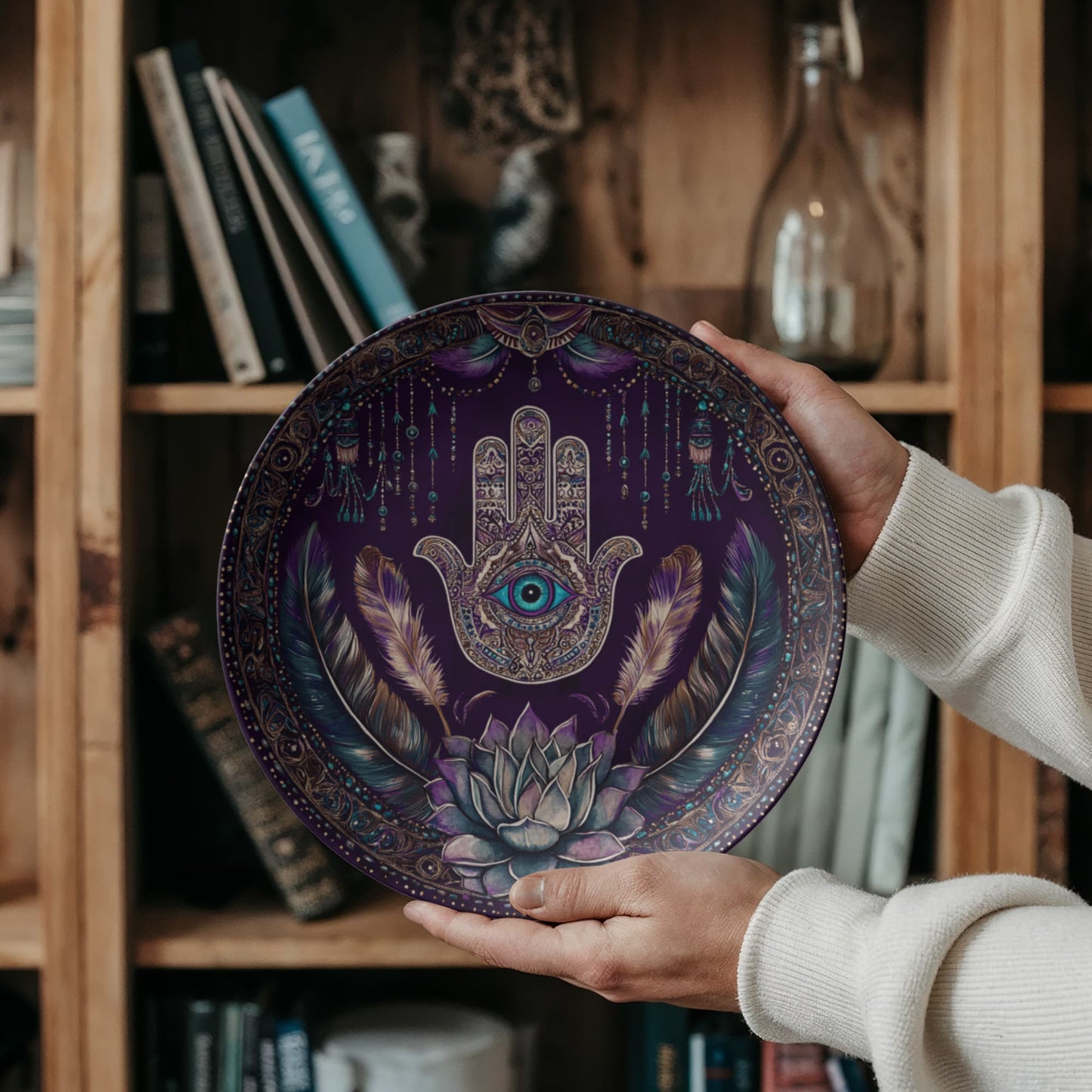 Mystic Hamsa Hand Decorative Plate – Boho Eye & Feather Wall Art (10")
