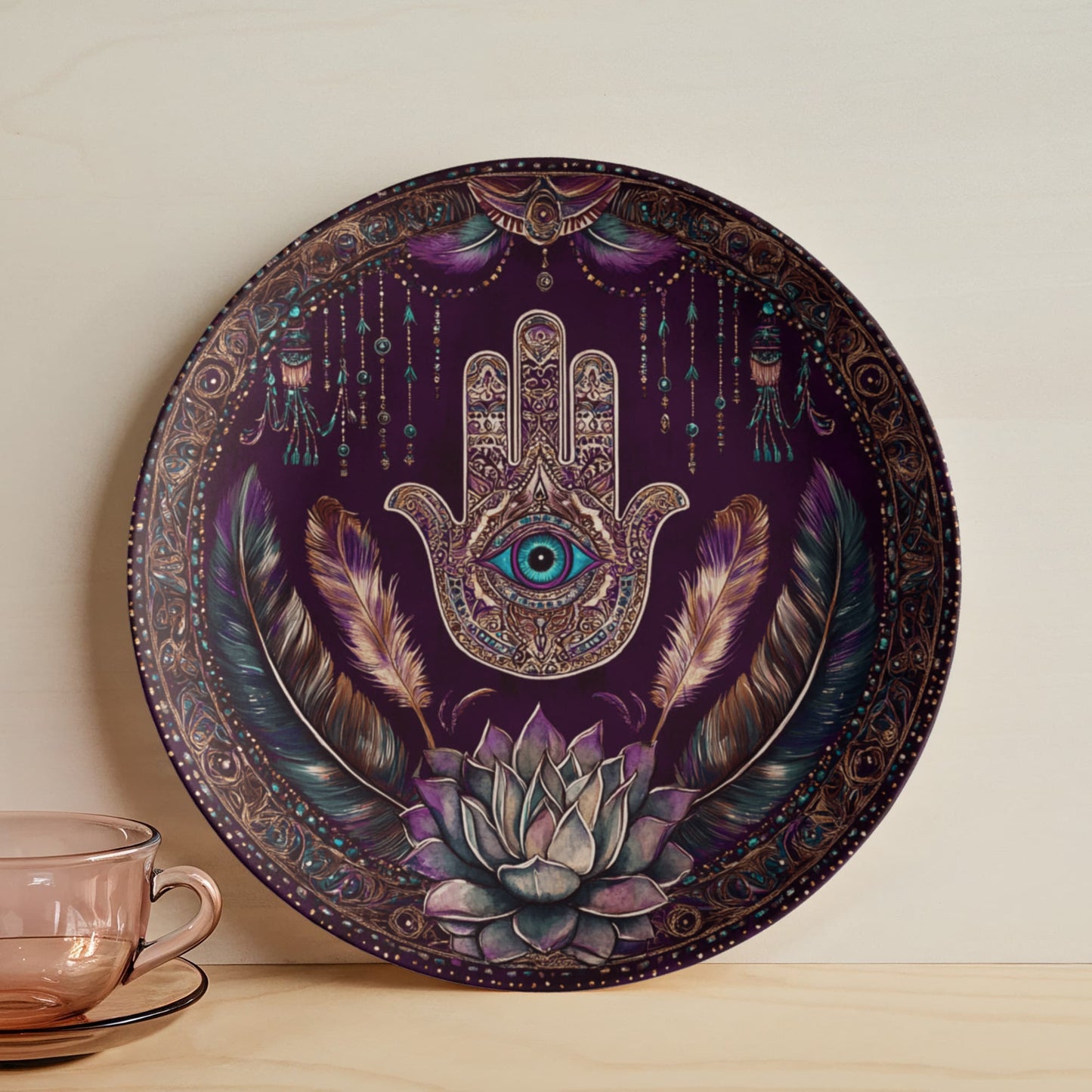 Mystic Hamsa Hand Decorative Plate – Boho Eye & Feather Wall Art (10")