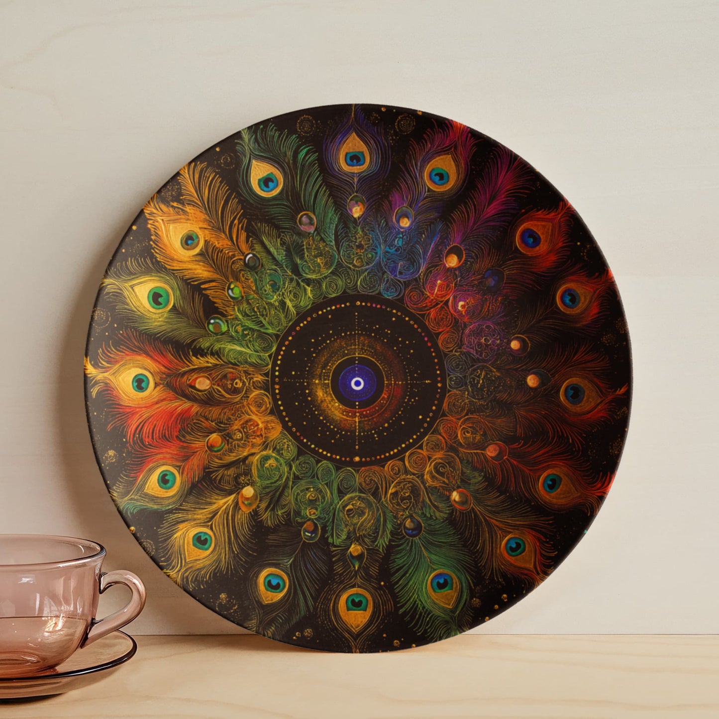 Radiant Vision – Peacock Feather Mandala Rainbow Decorative Plate