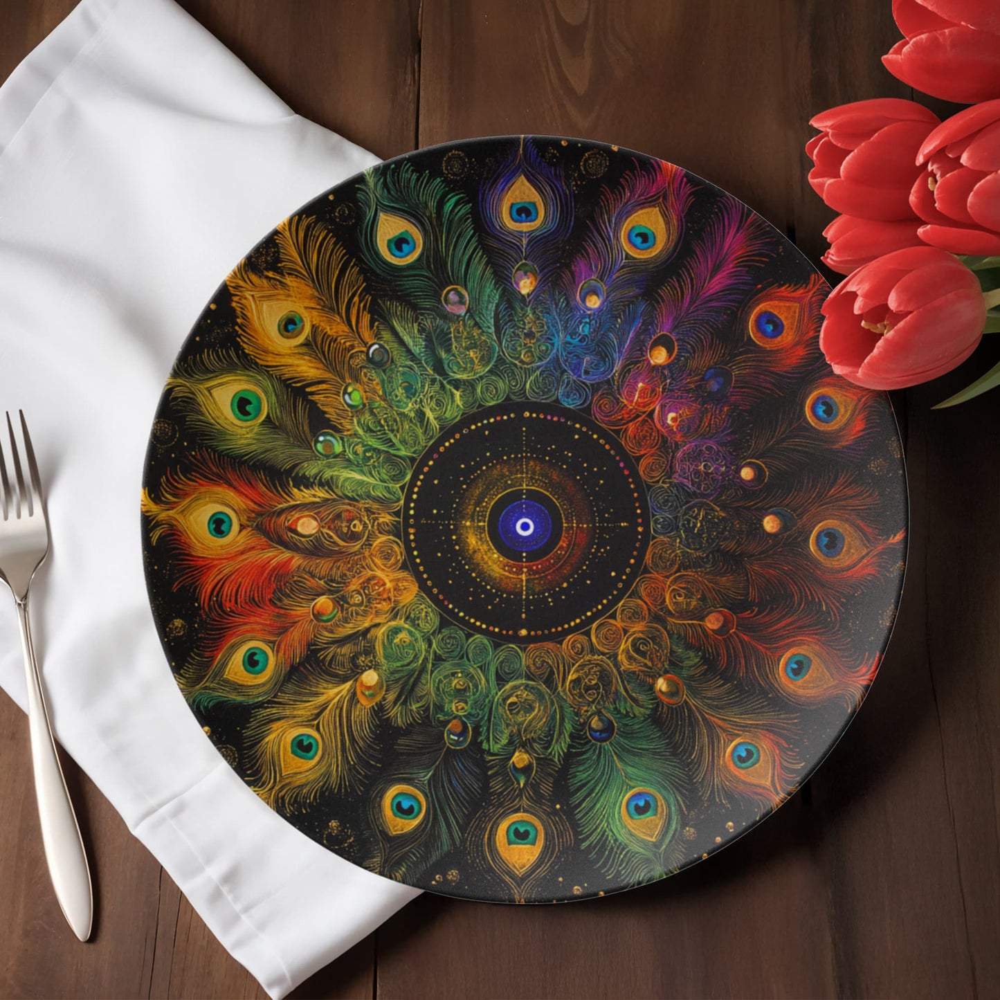 Radiant Vision – Peacock Feather Mandala Rainbow Decorative Plate