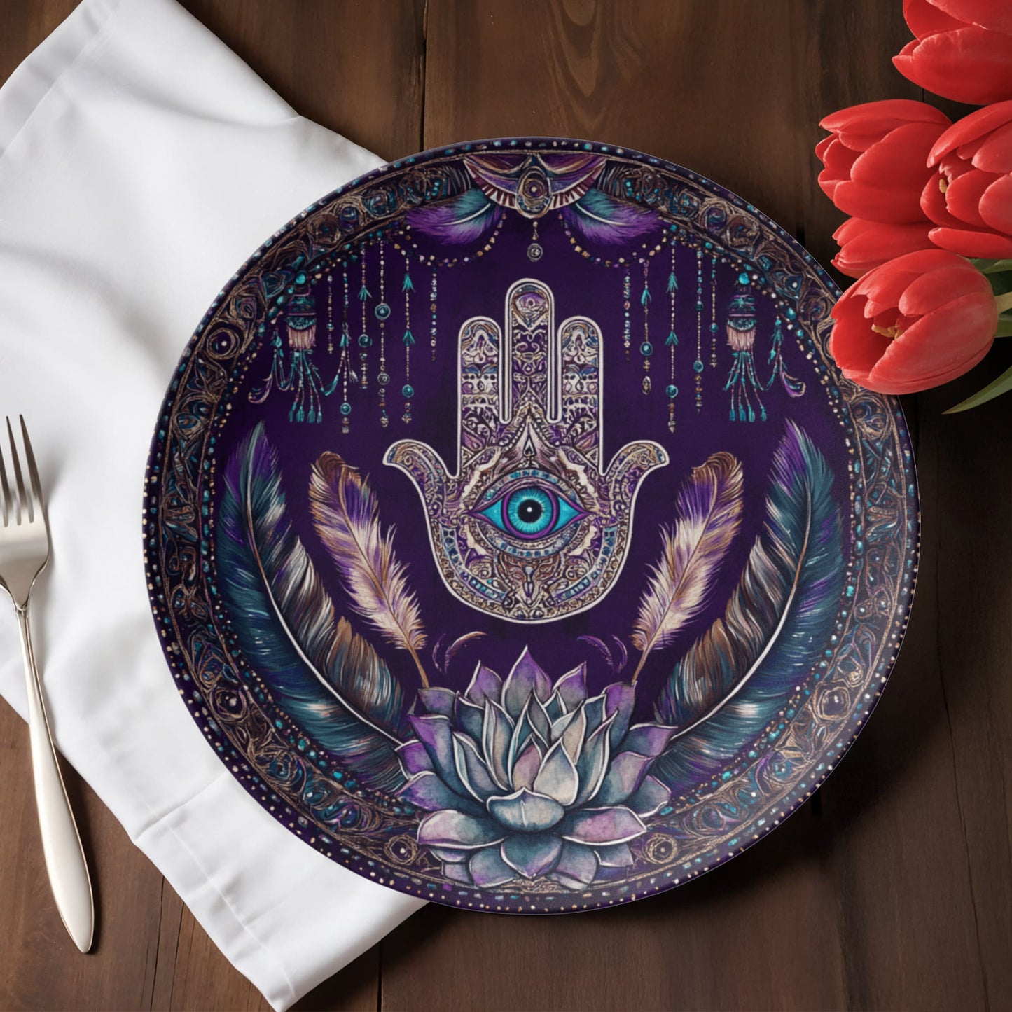 Mystic Hamsa Hand Decorative Plate – Boho Eye & Feather Wall Art (10")