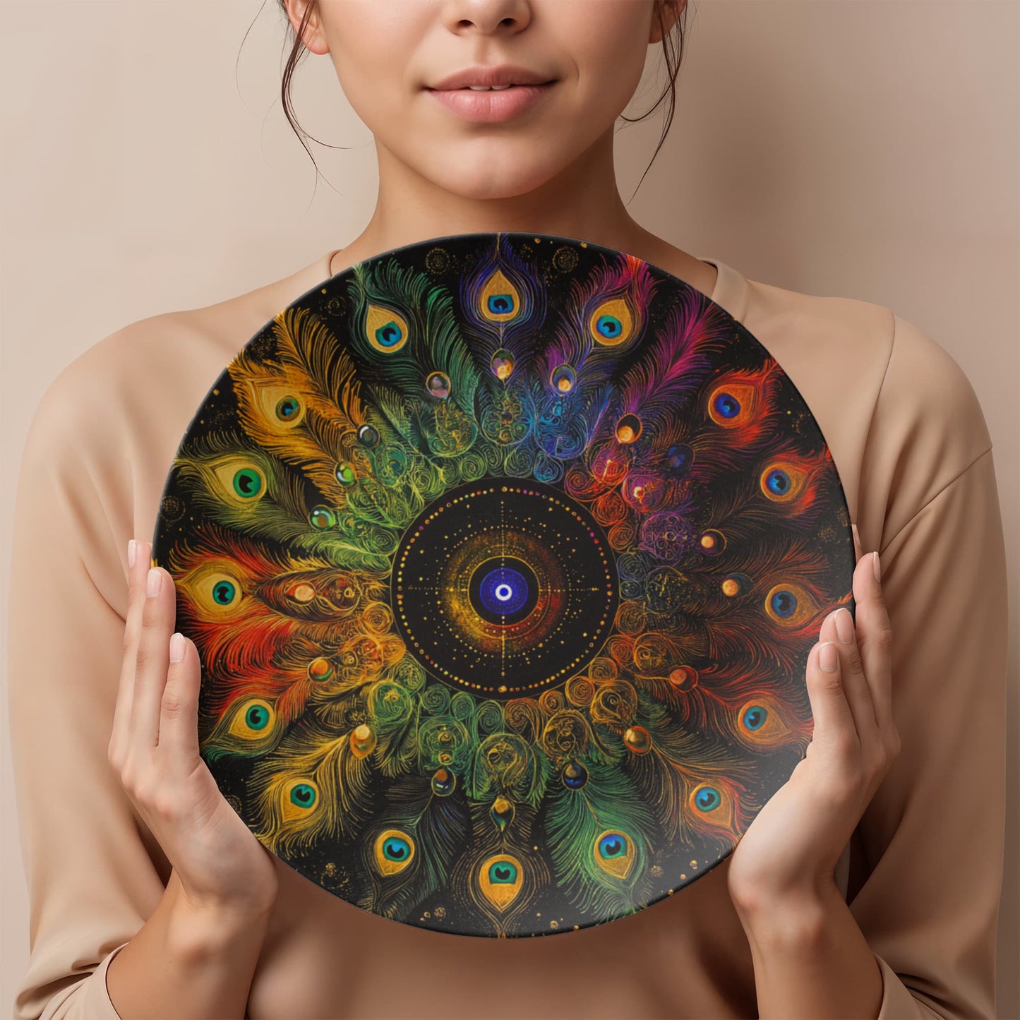 Radiant Vision – Peacock Feather Mandala Rainbow Decorative Plate
