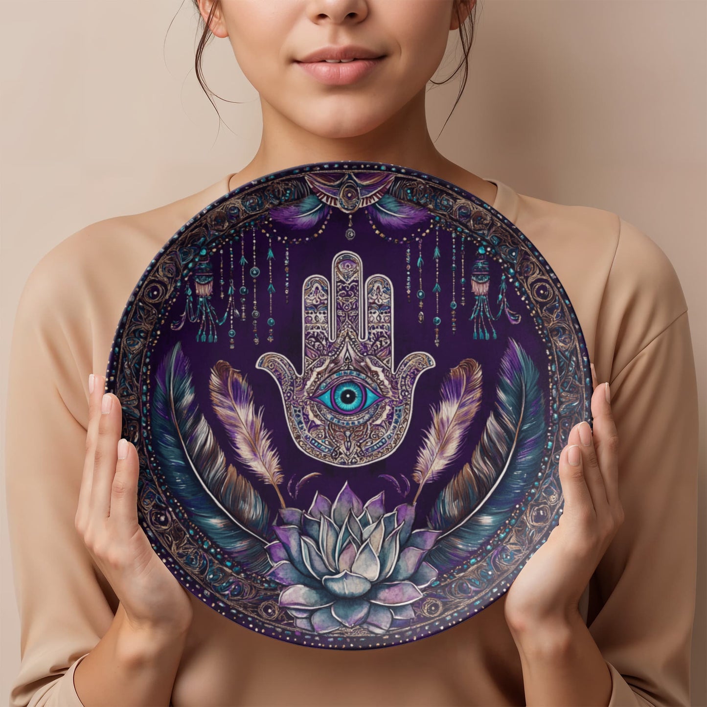 Mystic Hamsa Hand Decorative Plate – Boho Eye & Feather Wall Art (10")