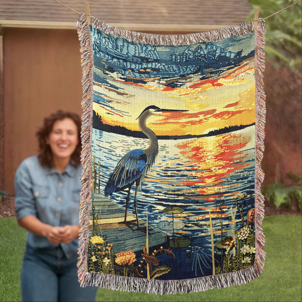 Sunset Heron Watch | Tranquil Lake Scene Woven Blanket for Nature-Inspired Living
