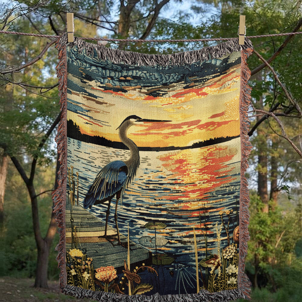 Sunset Heron Watch | Tranquil Lake Scene Woven Blanket for Nature-Inspired Living