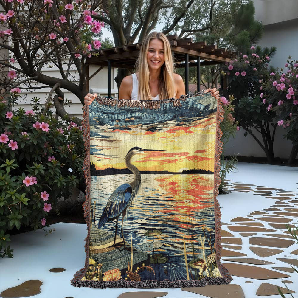 Sunset Heron Watch | Tranquil Lake Scene Woven Blanket for Nature-Inspired Living