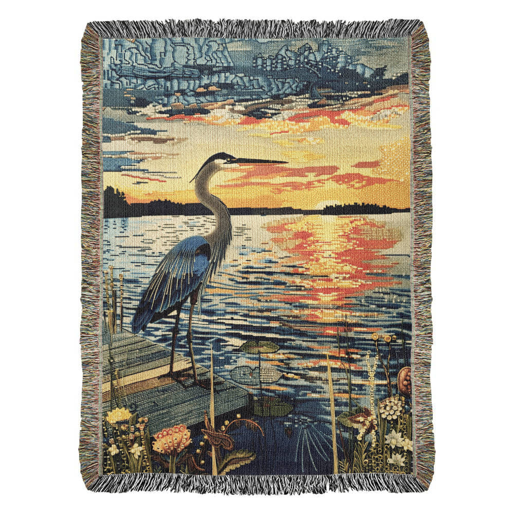 Sunset Heron Watch | Tranquil Lake Scene Woven Blanket for Nature-Inspired Living