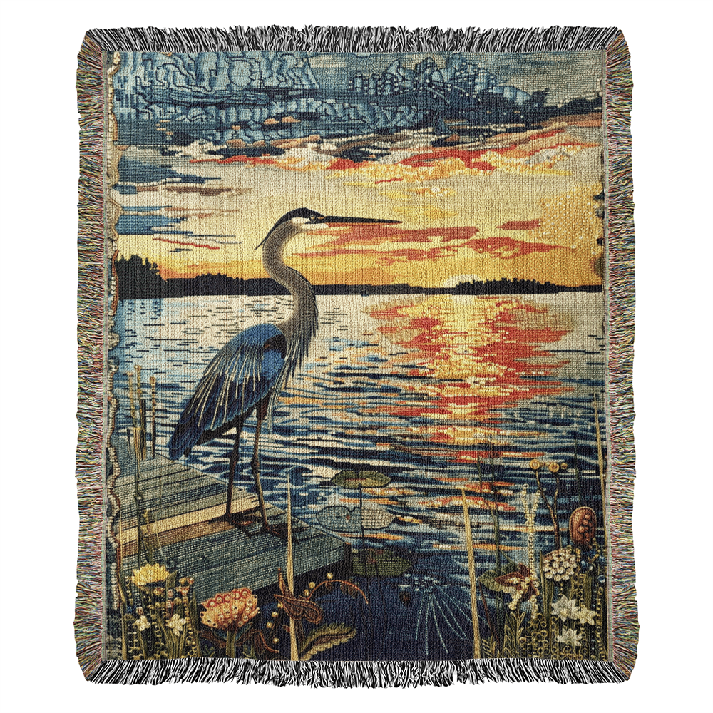 Sunset Heron Watch | Tranquil Lake Scene Woven Blanket for Nature-Inspired Living