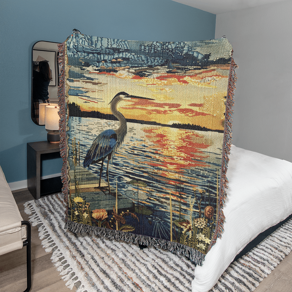 Sunset Heron Watch | Tranquil Lake Scene Woven Blanket for Nature-Inspired Living