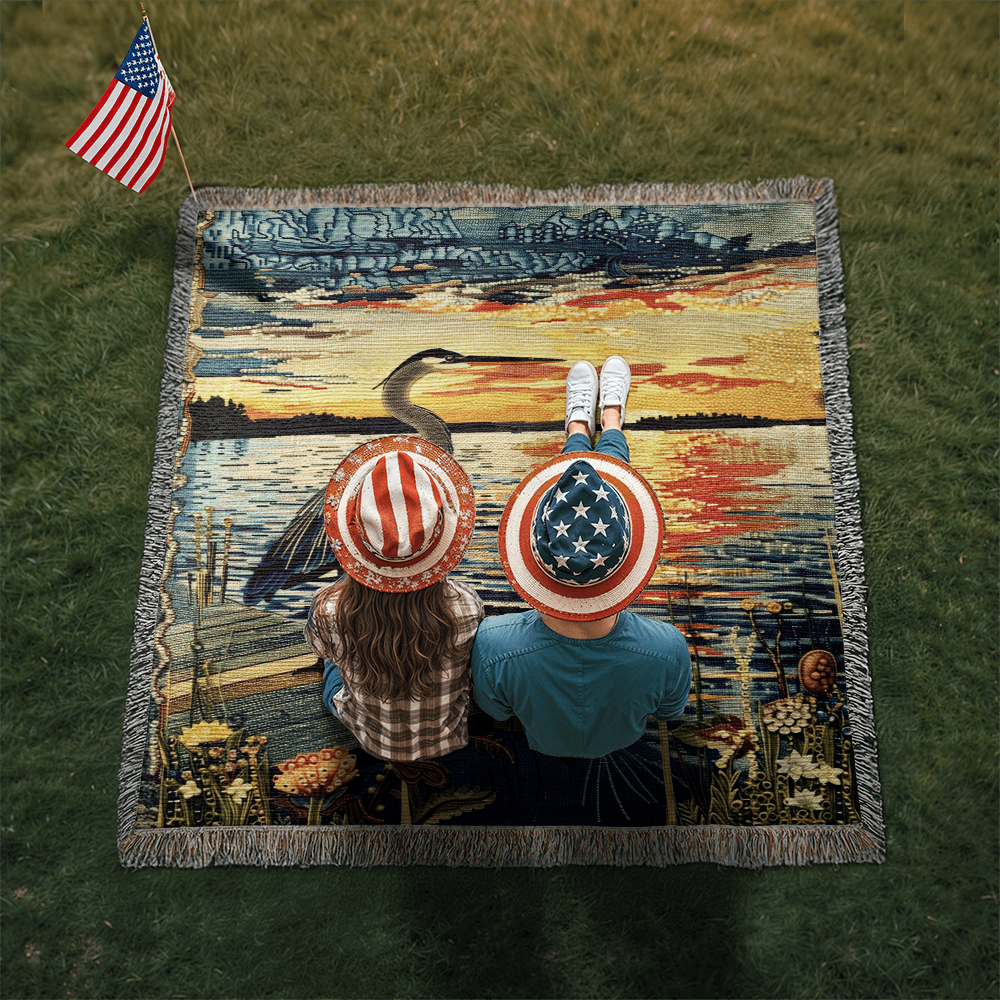 Sunset Heron Watch | Tranquil Lake Scene Woven Blanket for Nature-Inspired Living