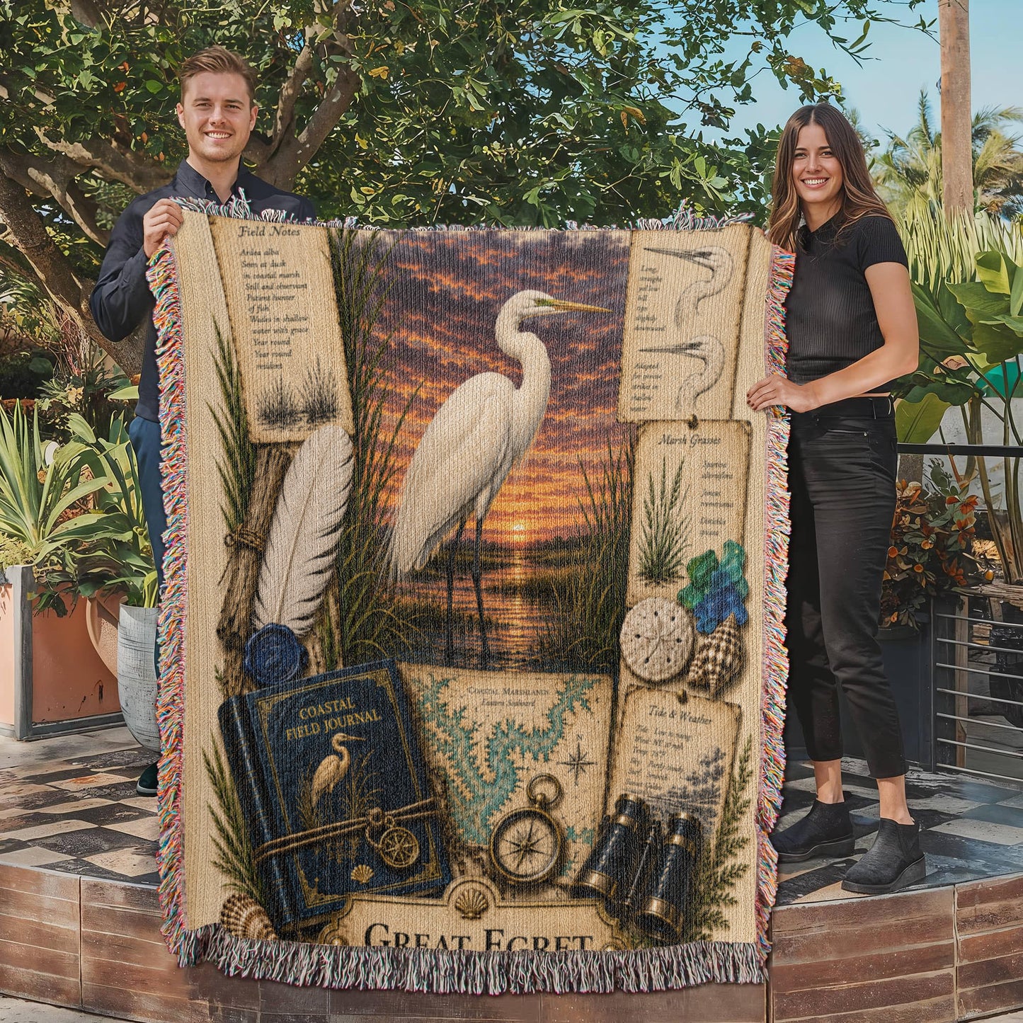 Great Egret Coastal Woven Blanket