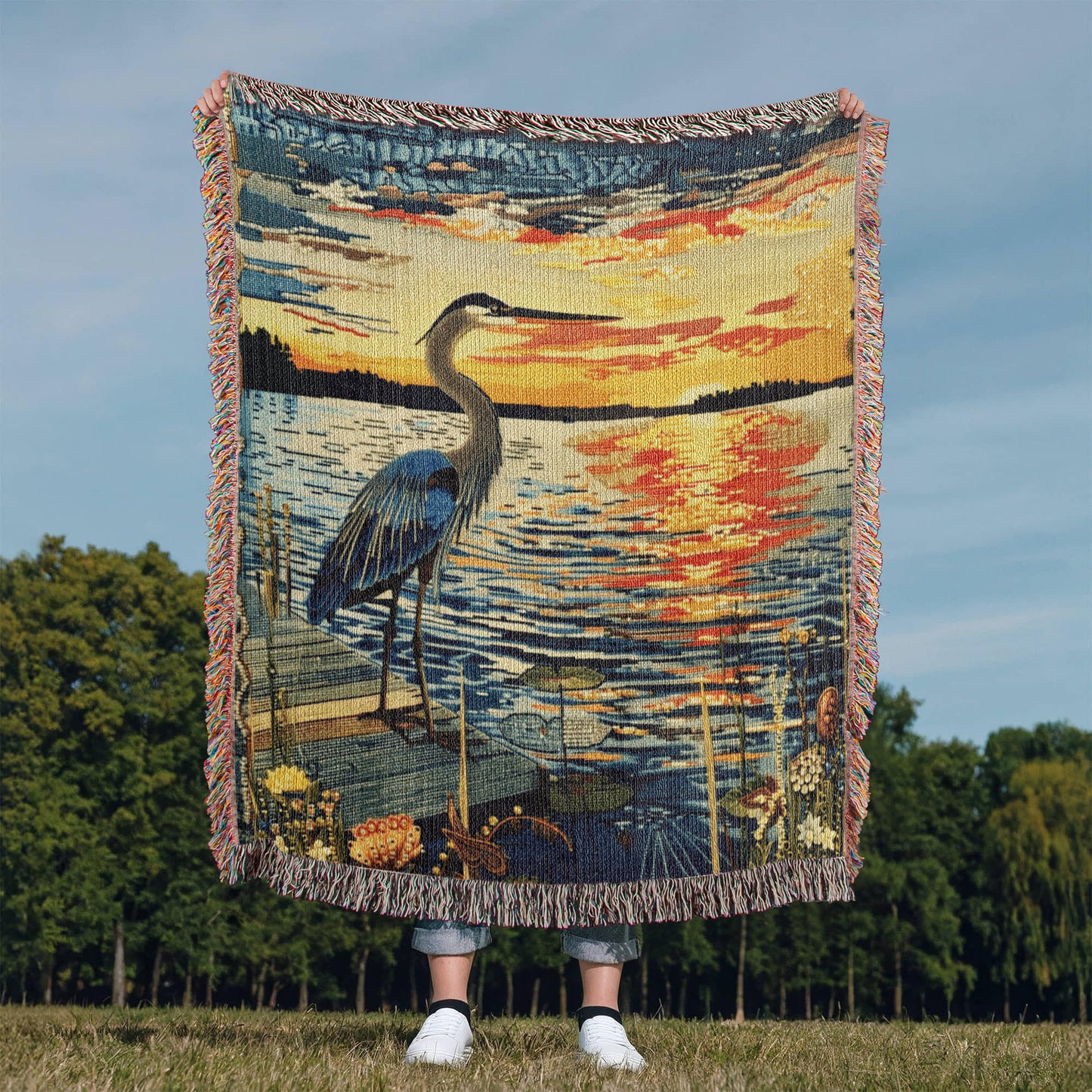 Sunset Heron Watch | Tranquil Lake Scene Woven Blanket for Nature-Inspired Living