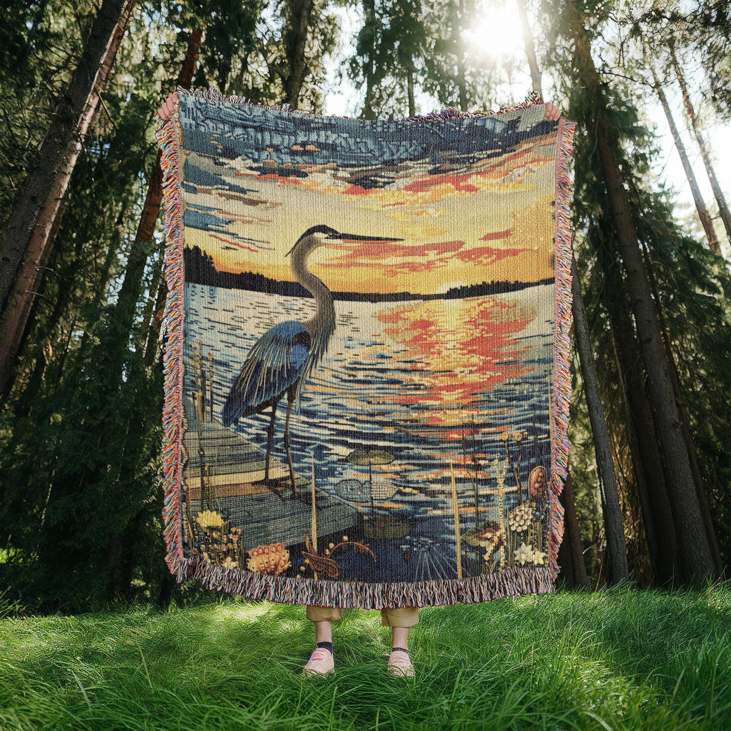 Sunset Heron Watch | Tranquil Lake Scene Woven Blanket for Nature-Inspired Living