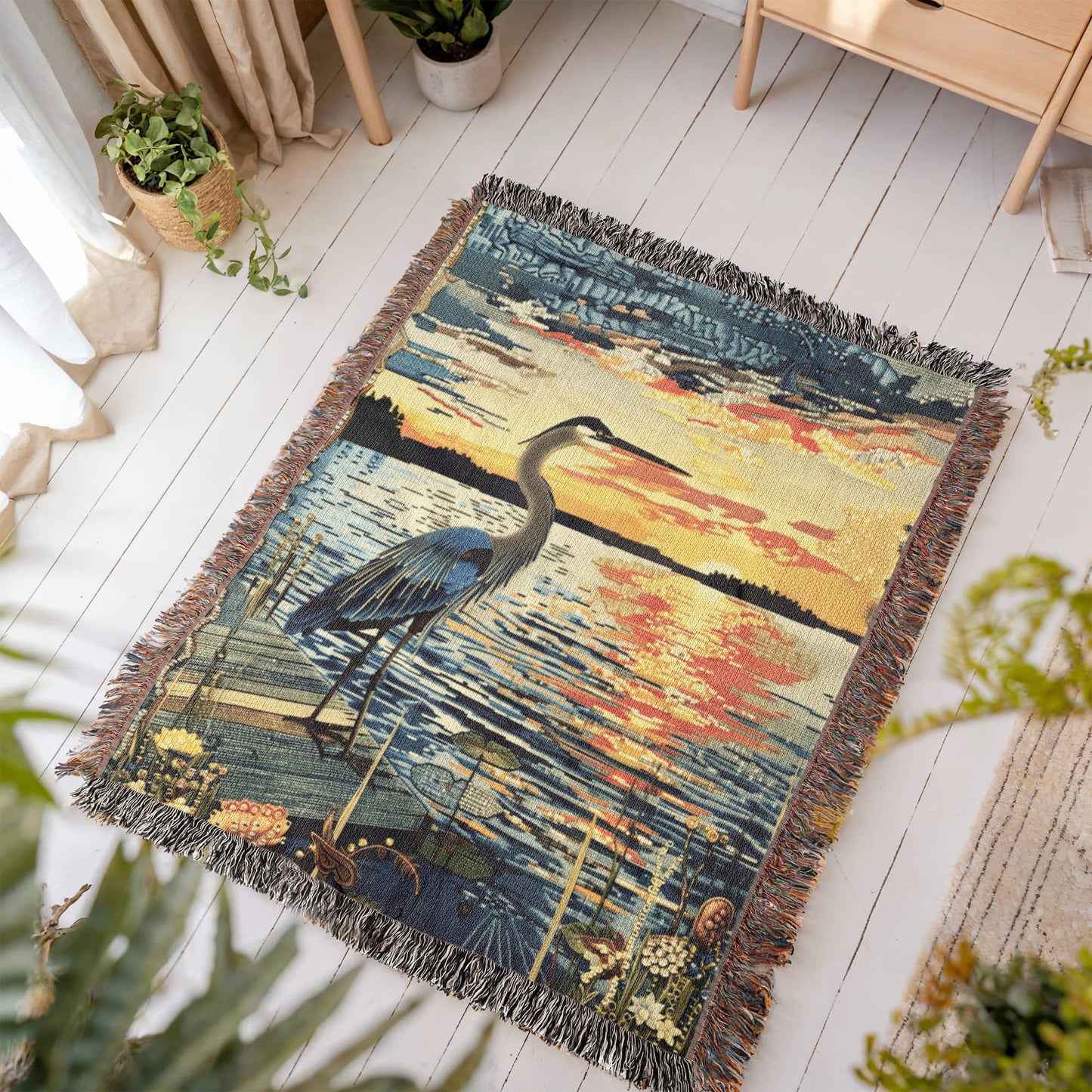 Sunset Heron Watch | Tranquil Lake Scene Woven Blanket for Nature-Inspired Living