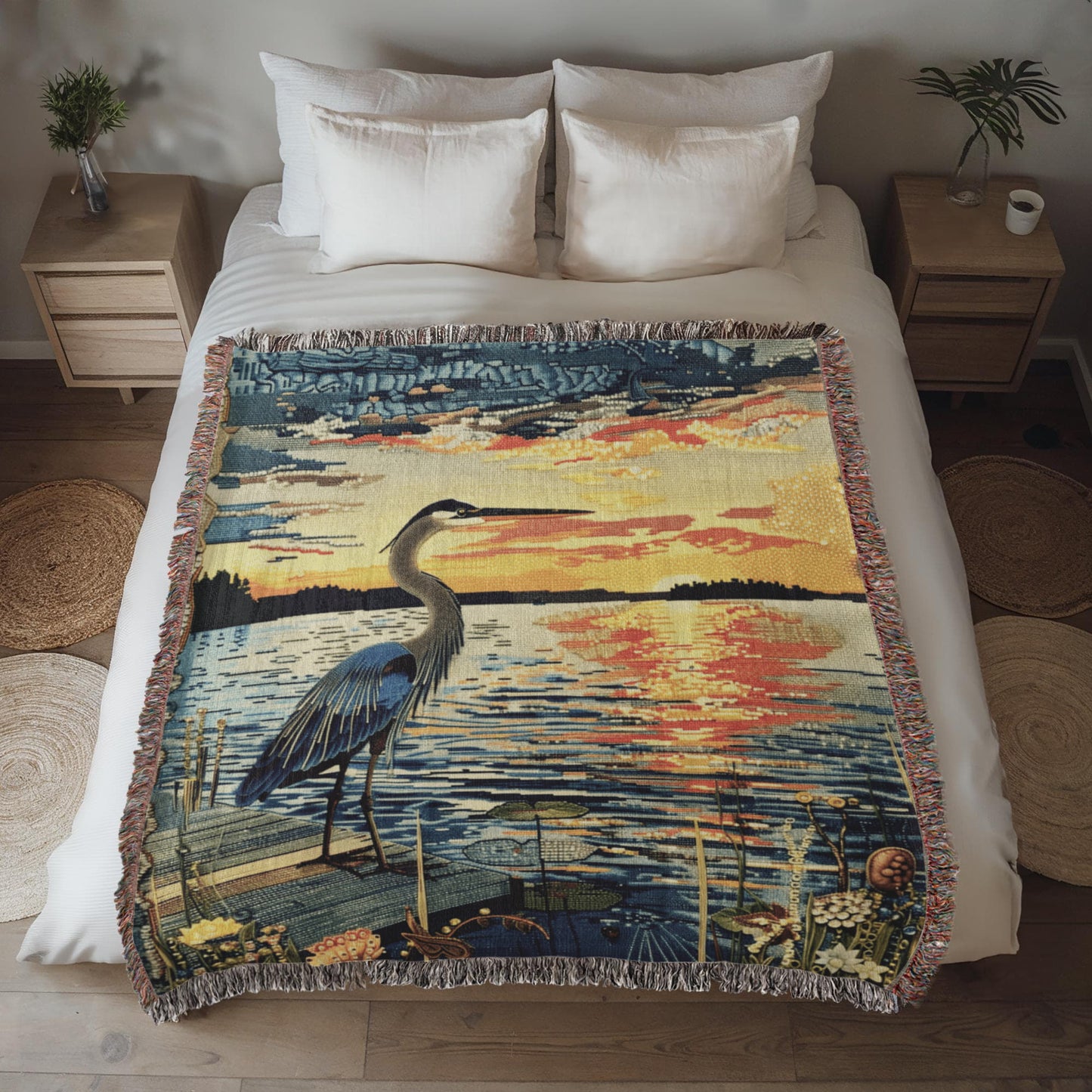 Sunset Heron Watch | Tranquil Lake Scene Woven Blanket for Nature-Inspired Living