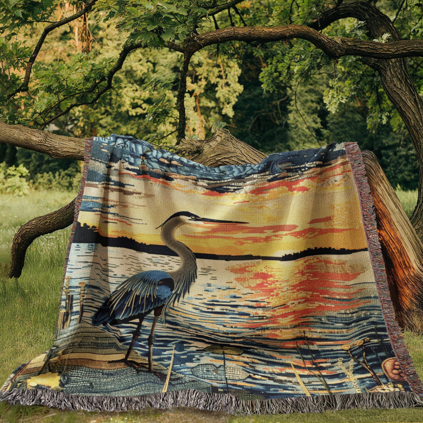 Sunset Heron Watch | Tranquil Lake Scene Woven Blanket for Nature-Inspired Living