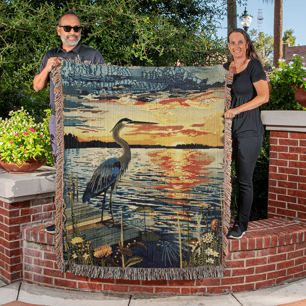 Sunset Heron Watch | Tranquil Lake Scene Woven Blanket for Nature-Inspired Living
