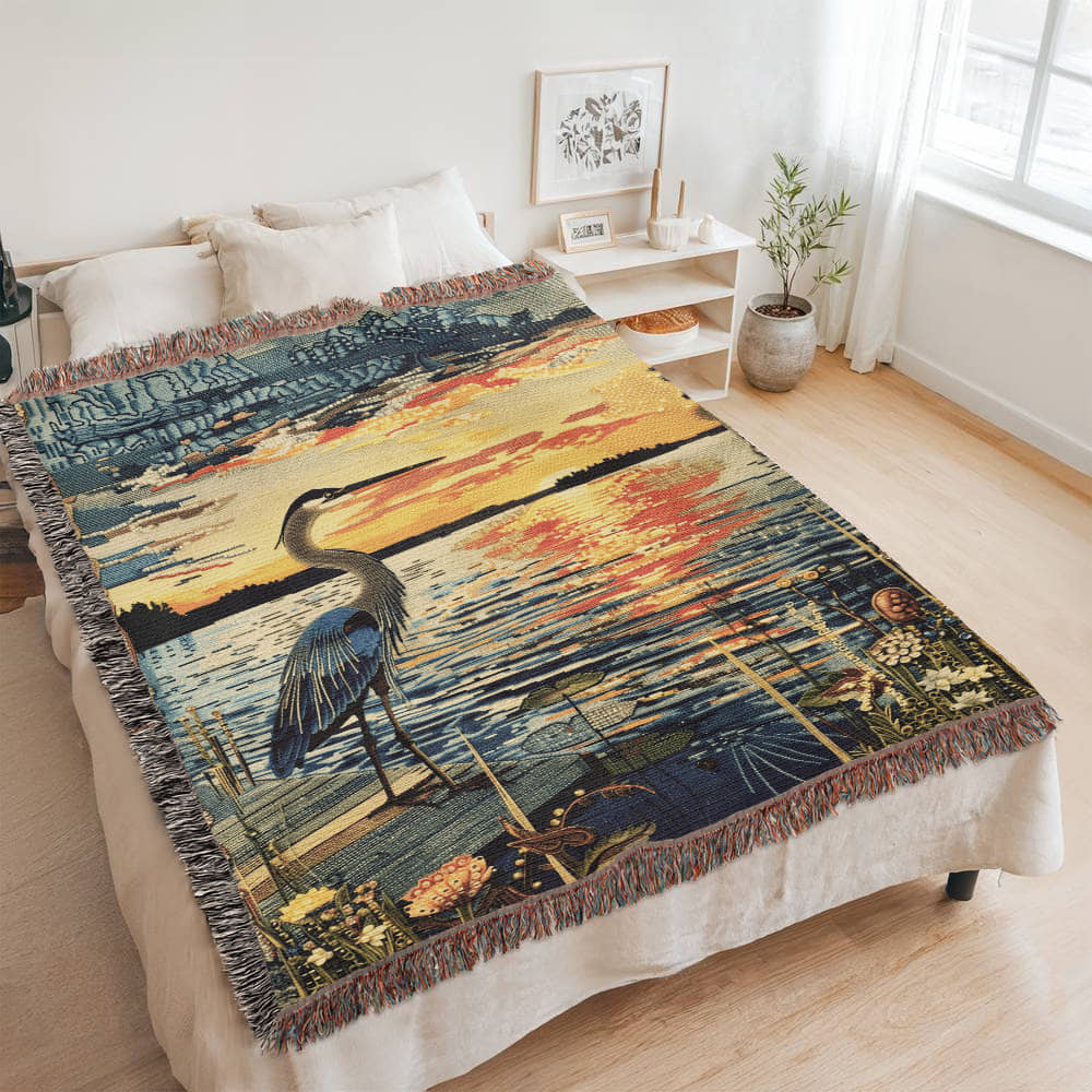 Sunset Heron Watch | Tranquil Lake Scene Woven Blanket for Nature-Inspired Living