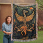 Emberborn Phoenix Blanket – Woven Mystical Firebird Emblem | Fantasy Artifact Decor by Lace & Grit