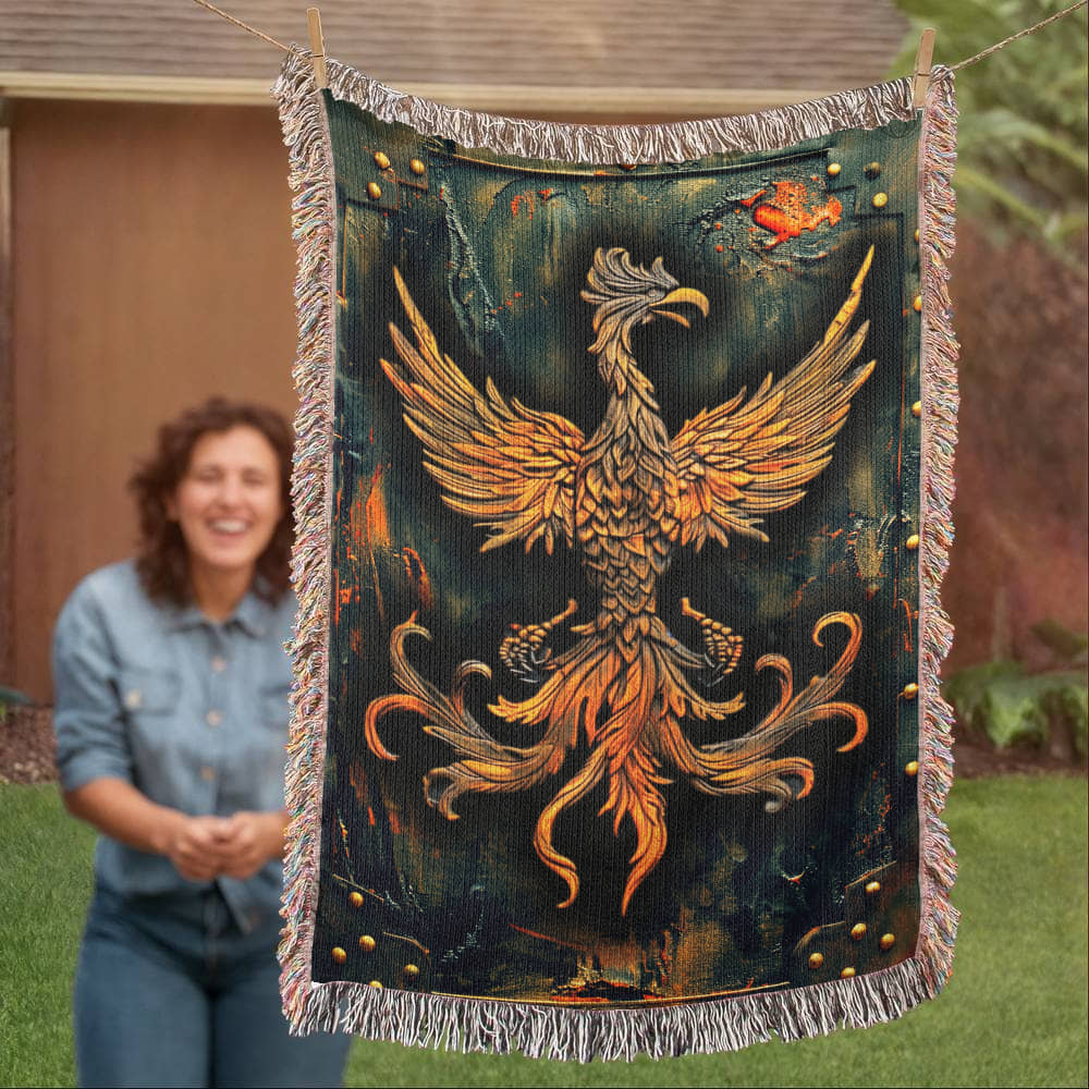 Emberborn Phoenix Blanket – Woven Mystical Firebird Emblem | Fantasy Artifact Decor by Lace & Grit