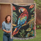 Tropical Parrot Heirloom Woven Blanket – Bold Boho Jungle Vibes